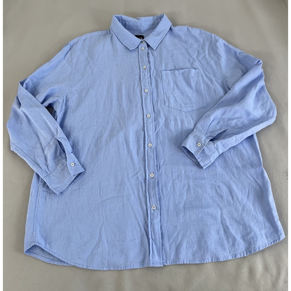 Gap Women's Blouse Top Shirt Blue Linen Button Up Sz XL